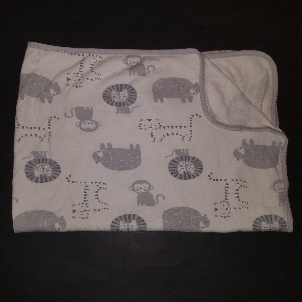 Rene Rofe Gray White Animals Receiving Baby Blanket 100% Cotton Lion Monkey Bear